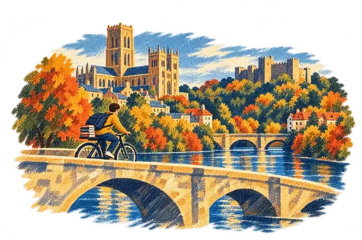 Durham Cathedral above the river with a student walking by