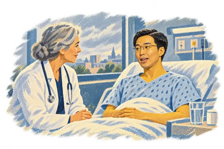 A young man in a hospital bed talking with a doctor