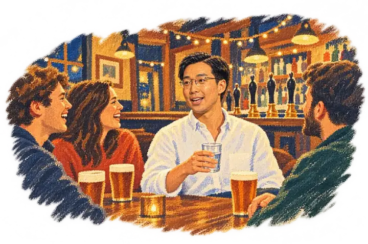 Friends laughing round a pub table while the young man holds a soft drink