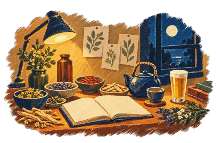 An old tea book, bowls of herbs, a teapot and a glass of beer on a desk at night