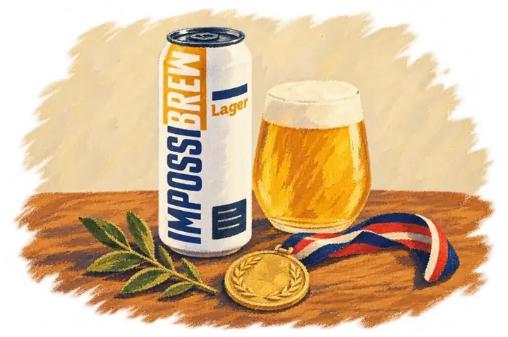 A glass of beer and an IMPOSSIBREW can with medals on a table