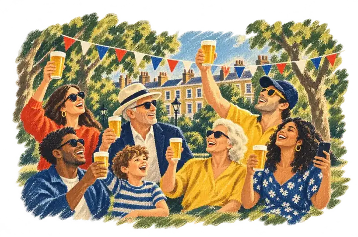 A crowd of happy people in a London park raising glasses of beer