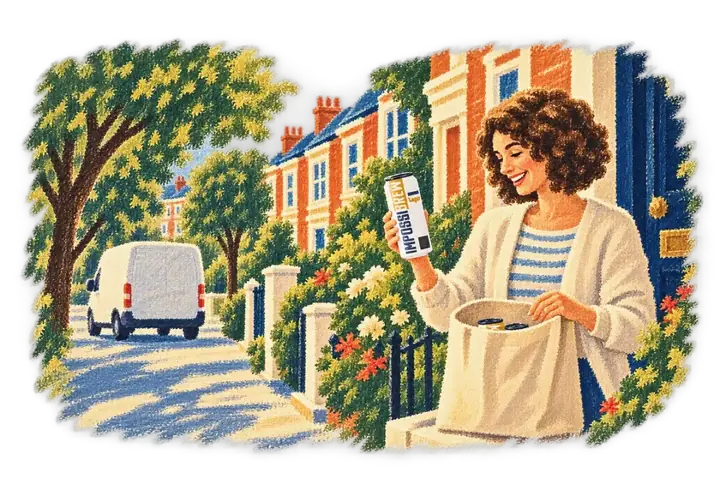 A woman on a London doorstep lifting an IMPOSSIBREW can out of a delivery bag