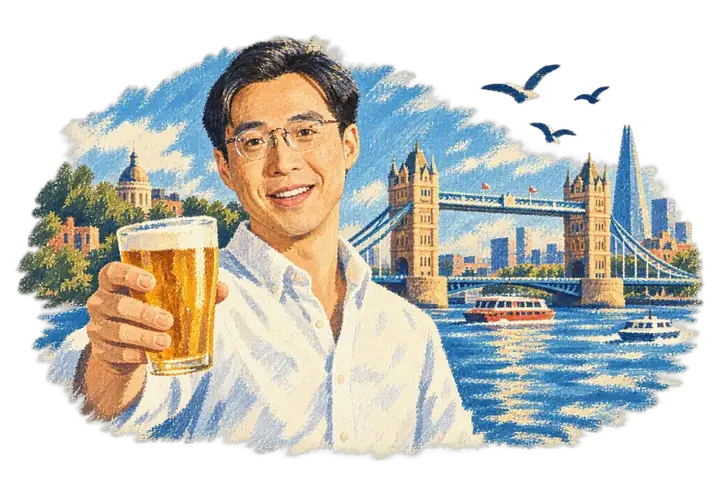 Mark smiling by the Thames with Tower Bridge behind, holding out a pint towards the reader