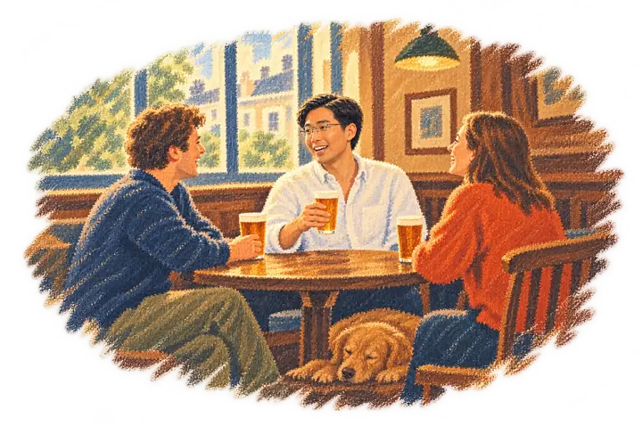 Three friends in a quiet London pub with pints, a dog asleep under the table