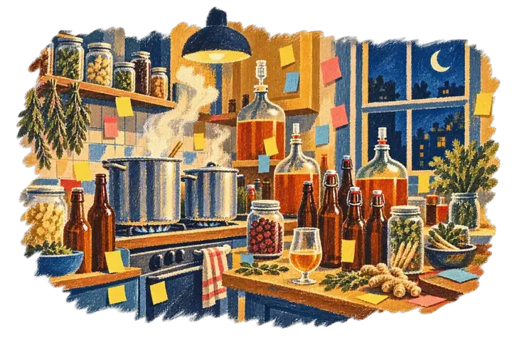 An empty cramped kitchen full of homebrew pots, demijohns, jars of herbs and sticky notes